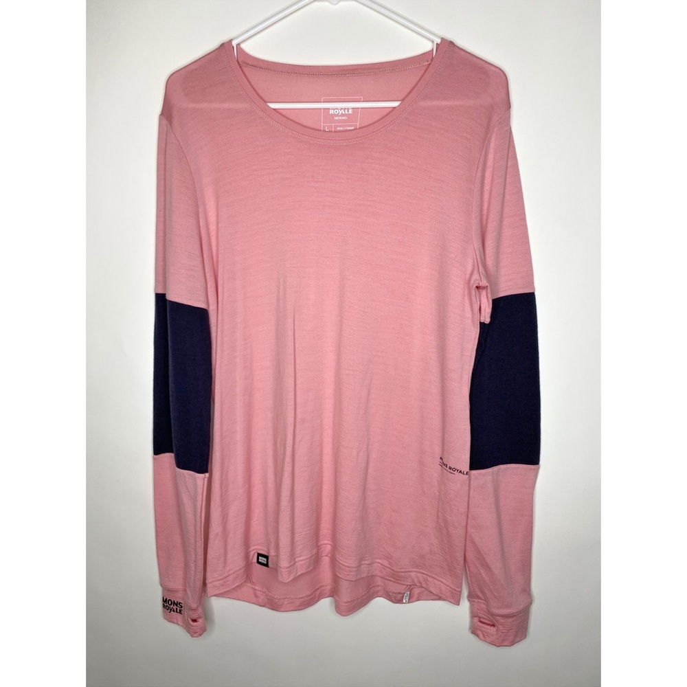 Mons Royale Long Sleeve Pink Blue Cornice Merino Base Layer Boat Neck Size Large